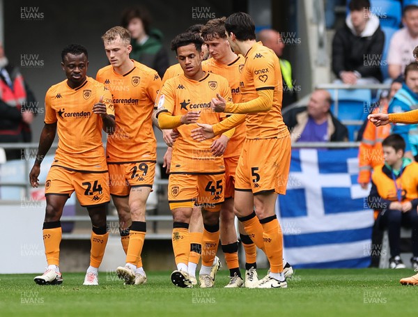 060424 - Cardiff City v Hull City, EFL Sky Bet Championship - Fabio Carvalho of Hull City is congratulated by team mates after scoring the second goal