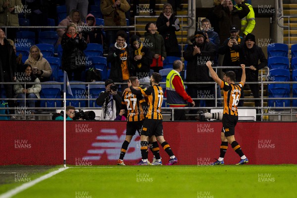 081122 - Cardiff City v Hull City - Sky Bet Championship - Hull City celebrate their third goal scored by Regan Slater