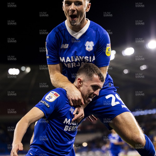 081122 - Cardiff City v Hull City - Sky Bet Championship - Mark Harris of Cardiff City celebrates his side's second goal with scorer Gavin Whyte