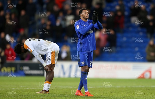 161217 - Cardiff City v Hull City - SkyBet Championship - Nathaniel Mendez-Laing of Cardiff City thanks the fans with a dejected Ola Aina of Hull City behind