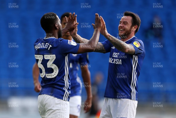 220720 - Cardiff City v Hull City - SkyBet Championship - Junior Hoilett of Cardiff City celebrates scoring the first goal of the game with Lee Tomlin