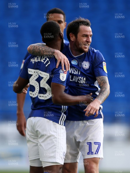 220720 - Cardiff City v Hull City - SkyBet Championship - Junior Hoilett of Cardiff City celebrates scoring the first goal of the game with Lee Tomlin
