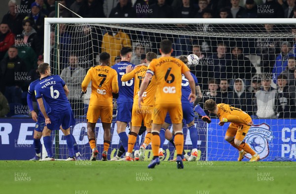 241121 - Cardiff City v Hull City - SkyBet Championship - Keane Lewis-Potter of Hull City scores a goal