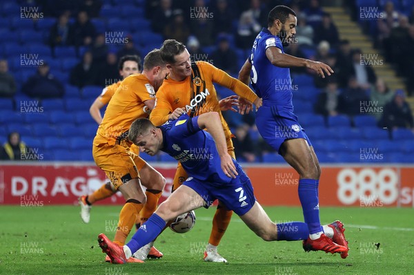 241121 - Cardiff City v Hull City - SkyBet Championship - Mark McGuinness and Curtis Nelson of Cardiff City are challenged by Callum Elder and Sean McLoughlin of Hull City