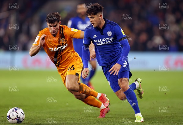 241121 - Cardiff City v Hull City - SkyBet Championship - Ryan Giles of Cardiff City is challenged by Ryan Longman of Hull City