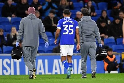 250225 - Cardiff City v Hull City - Sky Bet Championship - Andy Rinomhota of Cardiff City receives treatment