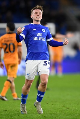 250225 - Cardiff City v Hull City - Sky Bet Championship - Isaak Davies of Cardiff City celebrates the win at full time