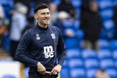 090324 - Cardiff City v Ipswich Town - Sky Bet Championship - Kieffer Moore of Ipswich Town during the warm up