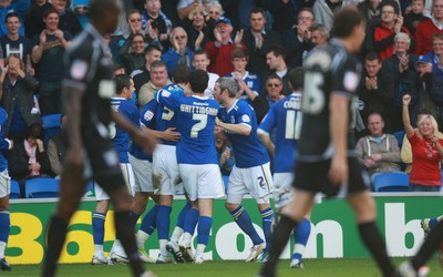 15.10.11 -  Cardiff City v Ipswich Town, npower Championship -  Cardiff's Rudy Gestede celebrates with team mates after scoring goal 