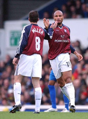 291103 - Cardiff City v Ipswich Town - Ipswich's Georges Santos (rt) celebrates goal with Tommy Miller