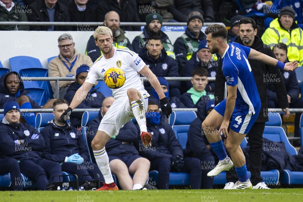 130124 - Cardiff City v Leeds United - Sky Bet Championship - Patrick Bamford of Leeds United in action against Dimitris Goutas of Cardiff City