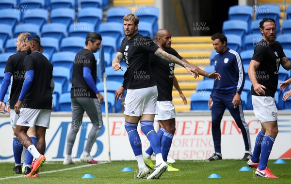 210620 - Cardiff City v Leeds United - SkyBet Championship - Aden Flint of Cardiff City during the warm up wearing the Black Lives Matter t-shirt