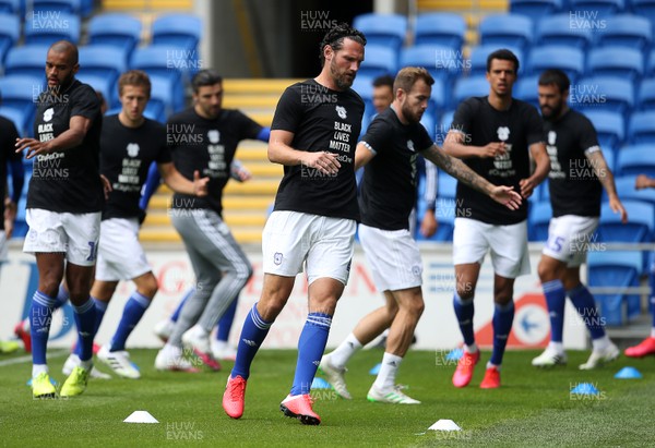 210620 - Cardiff City v Leeds United - SkyBet Championship - Sean Morrison of Cardiff City during the warm up wearing the Black Lives Matter t-shirt
