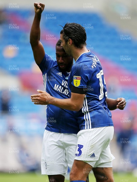 210620 - Cardiff City v Leeds United - SkyBet Championship - Junior Hoilett of Cardiff City celebrates scoring the first goal of the game with Callum Paterson
