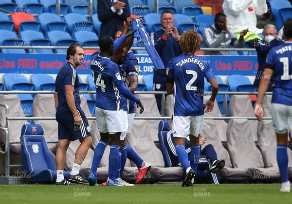 210620 - Cardiff City v Leeds United - SkyBet Championship - Junior Hoilett of Cardiff City holds up Peter Whittingham's number 7 shirt after scoring the first goal