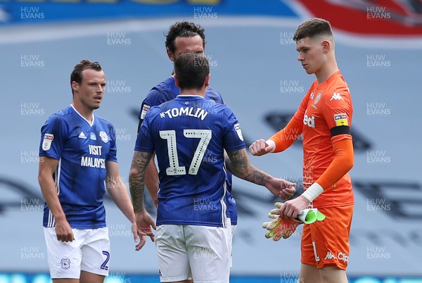 210620 - Cardiff City v Leeds United - SkyBet Championship - Lee Tomlin, Sean Morrison of Cardiff City and Illan Meslier of Leeds United at full time
