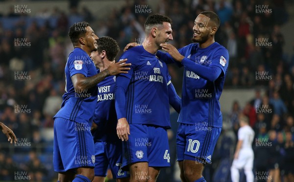 260917 - Cardiff City v Leeds United - SkyBet Championship - Kenneth Zohore celebrates scoring a goal with Nathaniel Mendez-Laing and Sean Morrison of Cardiff City