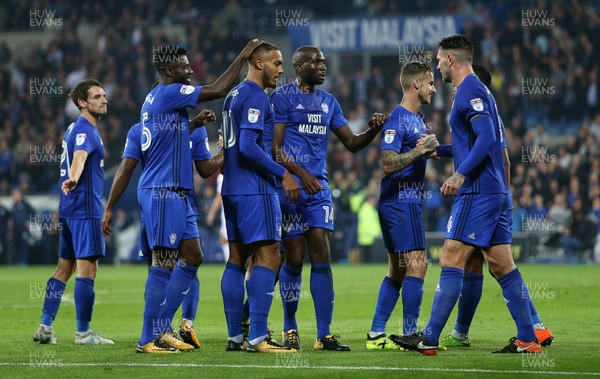 260917 - Cardiff City v Leeds United - SkyBet Championship - Kenneth Zohore of Cardiff City celebrates scoring a goal with team mates