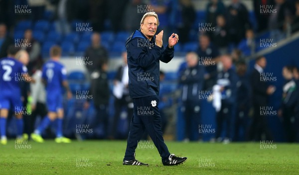 260917 - Cardiff City v Leeds United - SkyBet Championship - Neil Warnock, Manager of Cardiff City celebrates with the fans at full time