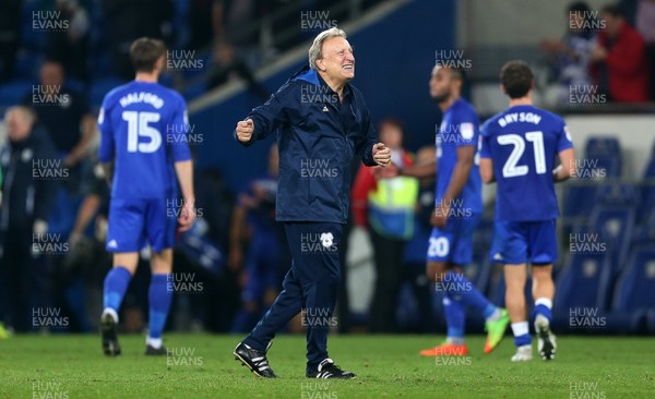 260917 - Cardiff City v Leeds United - SkyBet Championship - Neil Warnock, Manager of Cardiff City celebrates with the fans at full time