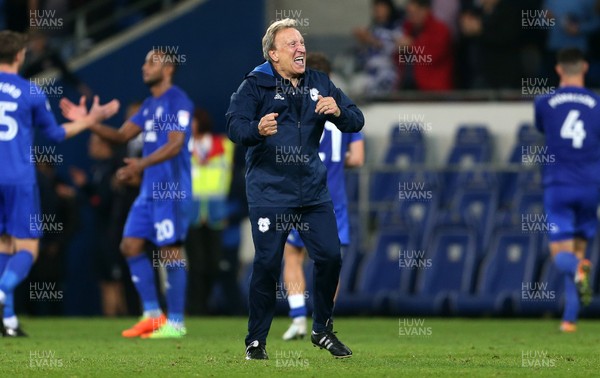 260917 - Cardiff City v Leeds United - SkyBet Championship - Neil Warnock, Manager of Cardiff City celebrates with the fans at full time