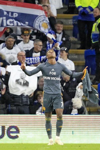 031118 - Cardiff City v Leicester City, Premier League - Demarai Gray of Leicester City looks to the sky as he celebrates scoring his side's first goal
