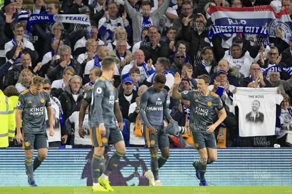 031118 - Cardiff City v Leicester City, Premier League - Demarai Gray of Leicester City (2nd right) celebrates scoring his side's first goal with team-mates