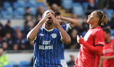 041025 - Cardiff City v Leyton Orient, EFL Sky Bet League 1 - Chris Willock of Cardiff City reacts after missing a chance to score