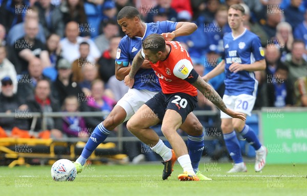 100819 - Cardiff City v Luton Town, Sky Bet Championship - Lee Peltier of Cardiff City and George Moncur of Luton Town compete for the ball