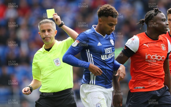 100819 - Cardiff City v Luton Town, Sky Bet Championship - Josh Murphy of Cardiff City is shown a yellow card for diving in the penalty box