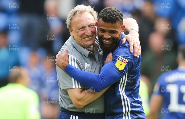 100819 - Cardiff City v Luton Town, Sky Bet Championship - Cardiff City manager Neil Warnock celebrates with Isaac Vassell of Cardiff City who scored the winning goal, at the end of the match