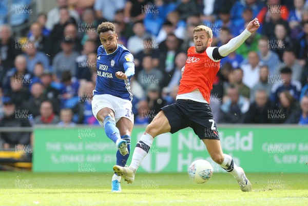100819 - Cardiff City v Luton Town, Sky Bet Championship - Josh Murphy of Cardiff City fires a shot at goal past Martin Cranie of Luton Town