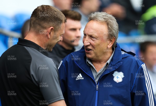100819 - Cardiff City v Luton Town, Sky Bet Championship - Luton Town manager Graeme Jones with Cardiff City manager Neil Warnock at the start of the match