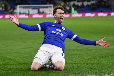 110325 - Cardiff City v Luton Town - Sky Bet Championship - Calum Chambers of Cardiff City celebrates scoring the first goal of the game