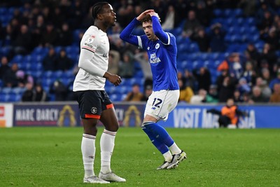 110325 - Cardiff City v Luton Town - Sky Bet Championship - Calum Chambers of Cardiff City hits the bar with his effort