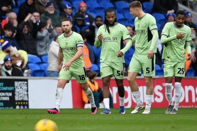 140226 - Cardiff City v Luton Town - Sky Bet League 1 - Jordan Clark of Luton celebrates scoring a goal with team mates