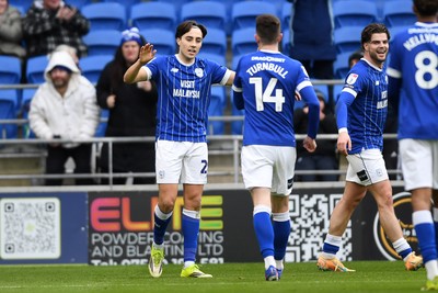 140226 - Cardiff City v Luton Town - Sky Bet League 1 - Joel Colwill of Cardiff City celebrates scoring a goal with team mates