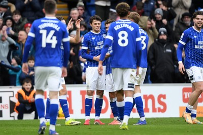 140226 - Cardiff City v Luton Town - Sky Bet League 1 - Perry NG of Cardiff City celebrates scoring a goal with team mates