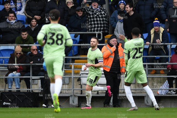 140226 - Cardiff City v Luton Town - Sky Bet League 1 - Jordan Clark of Luton celebrates scoring a goal with team mates