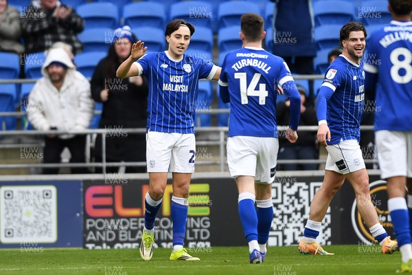 140226 - Cardiff City v Luton Town - Sky Bet League 1 - Joel Colwill of Cardiff City celebrates scoring a goal with team mates