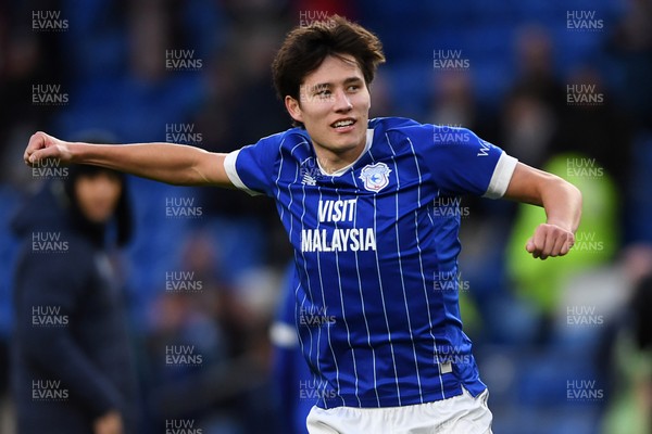 140226 - Cardiff City v Luton Town - Sky Bet League 1 - Rubin Colwill of Cardiff City celebrates the win at full time