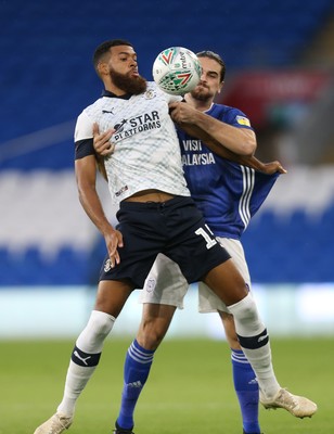 270819 - Cardiff City v Luton Town, EFL  Cup, Round 2 - Jake Jervis of Luton Town and Ciaron Brown of Cardiff City compete for the ball