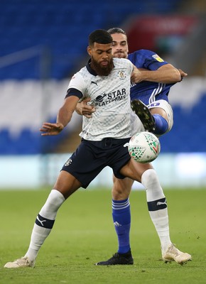 270819 - Cardiff City v Luton Town, EFL  Cup, Round 2 - Jake Jervis of Luton Town and Ciaron Brown of Cardiff City compete for the ball