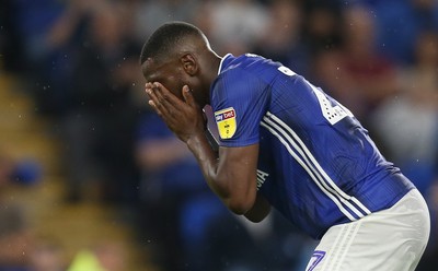 270819 - Cardiff City v Luton Town, EFL  Cup, Round 2 - Omar Bogle of Cardiff City reacts after failing to make the most of his shot at goal