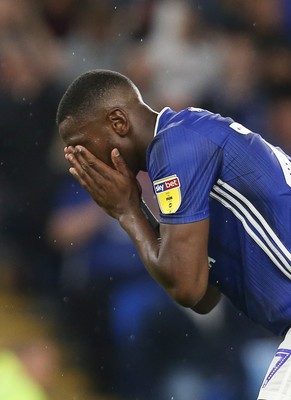 270819 - Cardiff City v Luton Town, EFL  Cup, Round 2 - Omar Bogle of Cardiff City reacts after failing to make the most of his shot at goal