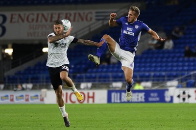 270819 - Cardiff City v Luton Town, EFL  Cup, Round 2 - Will Vaulks of Cardiff City challenges George Moncur of Luton Town for the ball