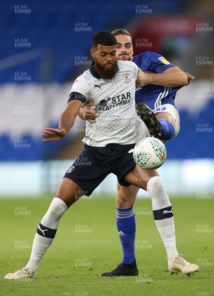 270819 - Cardiff City v Luton Town, EFL  Cup, Round 2 - Jake Jervis of Luton Town and Ciaron Brown of Cardiff City compete for the ball