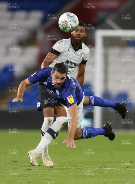 270819 - Cardiff City v Luton Town, EFL  Cup, Round 2 - Ciaron Brown of Cardiff City dives to head the ball forward