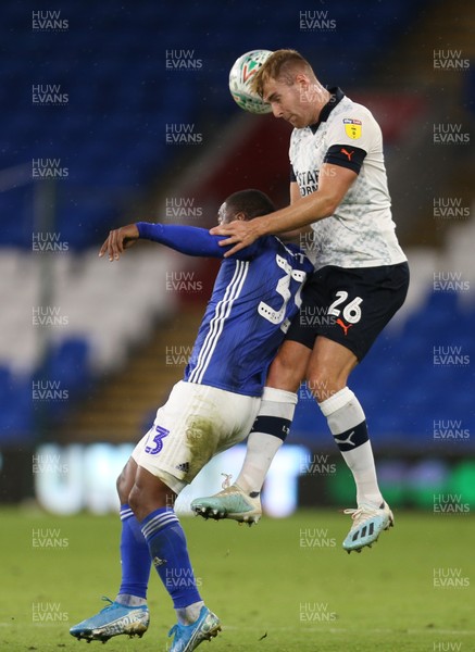 270819 - Cardiff City v Luton Town, EFL  Cup, Round 2 - Junior Hoilett of Cardiff City and James Bree of Luton Town  compete for the ball