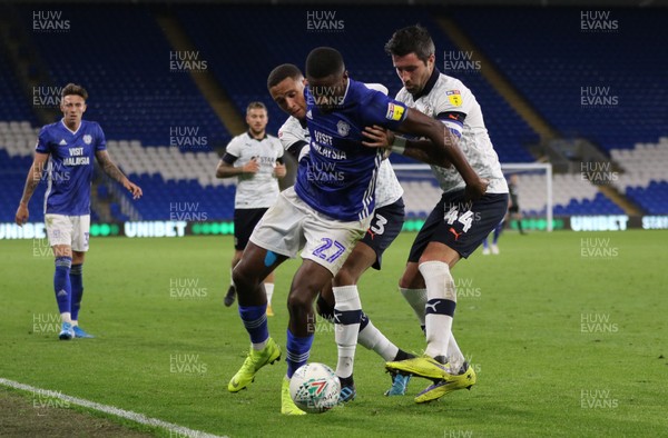 270819 - Cardiff City v Luton Town, EFL  Cup, Round 2 - Omar Bogle of Cardiff City is forced to the corner by Alan Sheehan of Luton Town